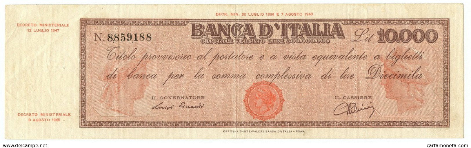 10000 LIRE TITOLO PROVVISORIO TESTINA REPUBBLICA ITALIANA 12/07/1947 BB/BB+ - Altri & Non Classificati