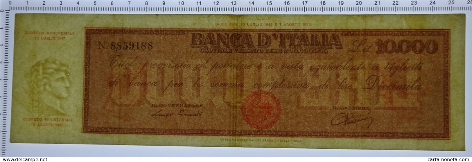 10000 LIRE TITOLO PROVVISORIO TESTINA REPUBBLICA ITALIANA 12/07/1947 BB/BB+ - Altri & Non Classificati