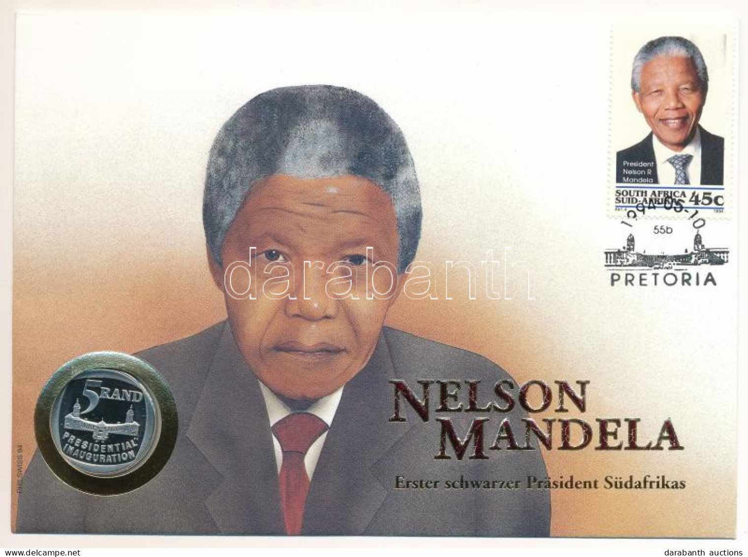 Dél-Afrika 1994. 5R "Elnöki Beiktatás" érme Bélyeges "Nelson Mandela" Borítékban, Bélyegzéssel T:PP South Africa 1994. 5 - Zonder Classificatie