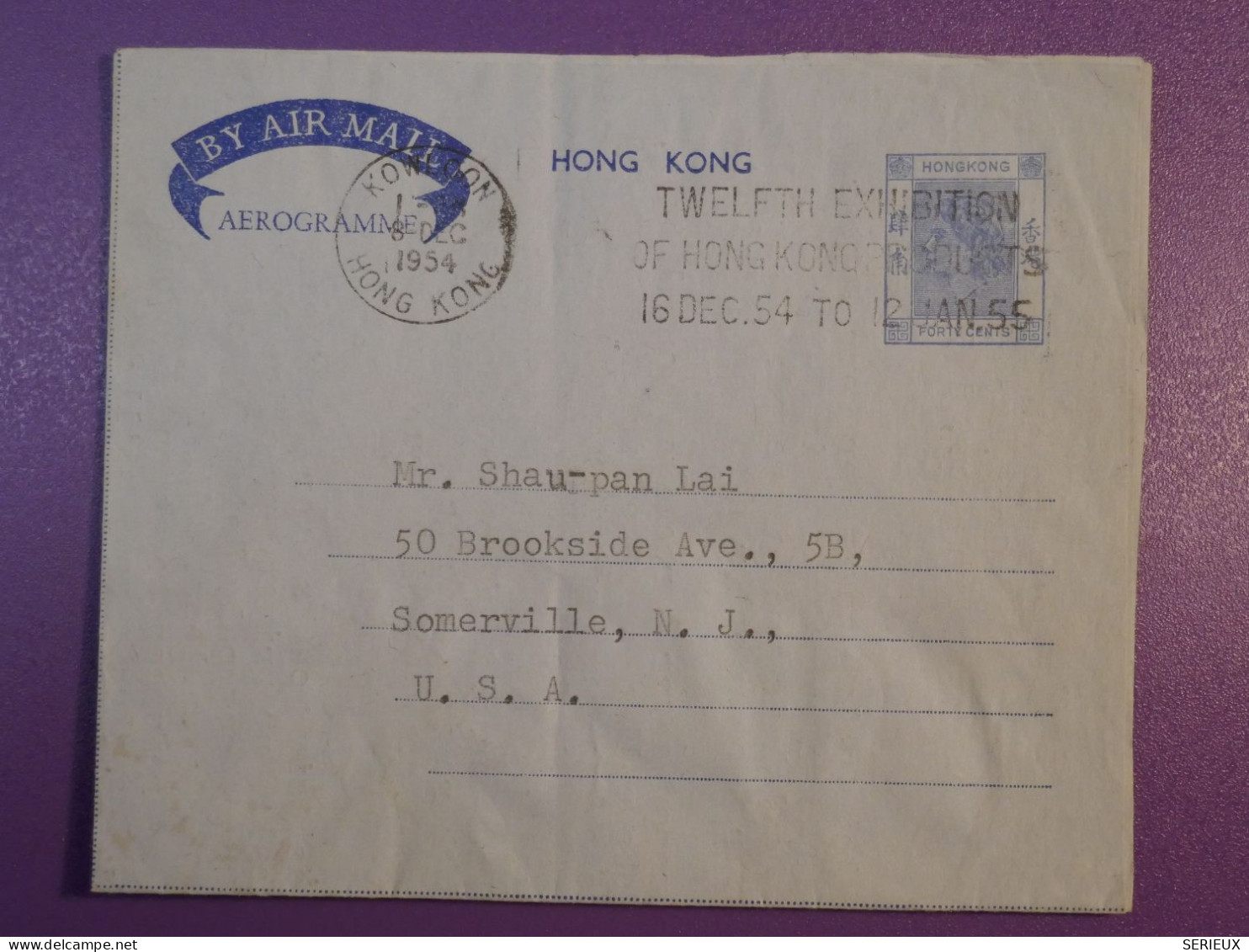 DG6 HONG KONG    BELLE LETTRE AEROGRAMME .AIR LETTER  1954 Kowloon A SOMERVILLE   USA +  AFF. INTERESSANT+ + - Cartas & Documentos