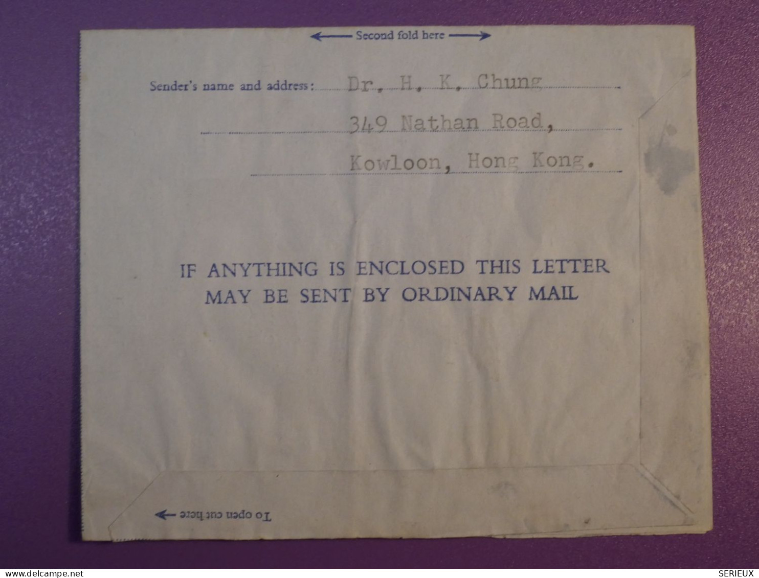 DG6 HONG KONG    BELLE LETTRE AEROGRAMME .AIR LETTER  1954 Kowloon A SOMERVILLE   USA +  AFF. INTERESSANT+ + - Cartas & Documentos