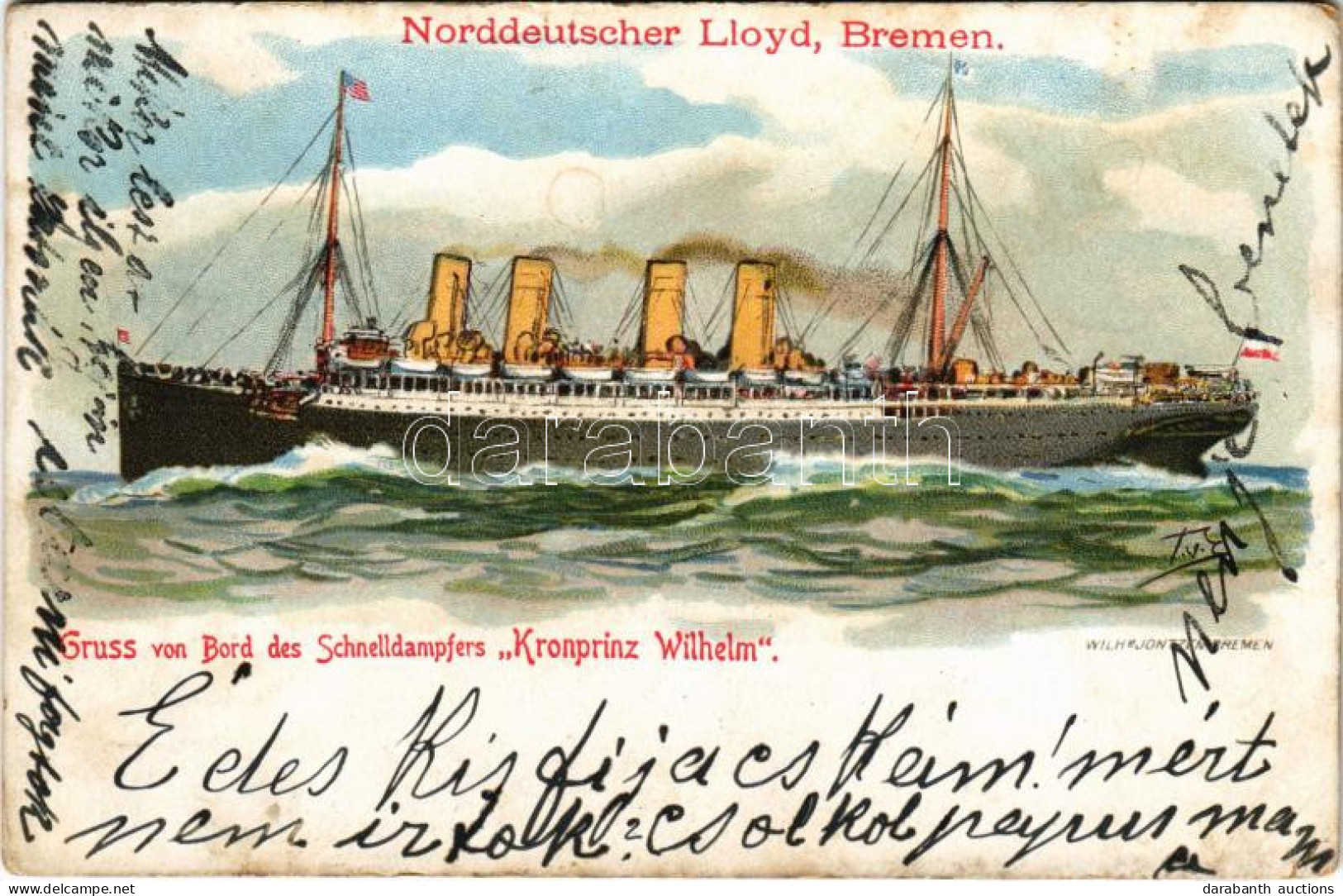 T2/T3 1908 Norddeutscher Lloyd Bremen, Gruss Von Bord Des Schnelldampfers "Kronprinz Wilhelm" Litho (EK) - Non Classificati