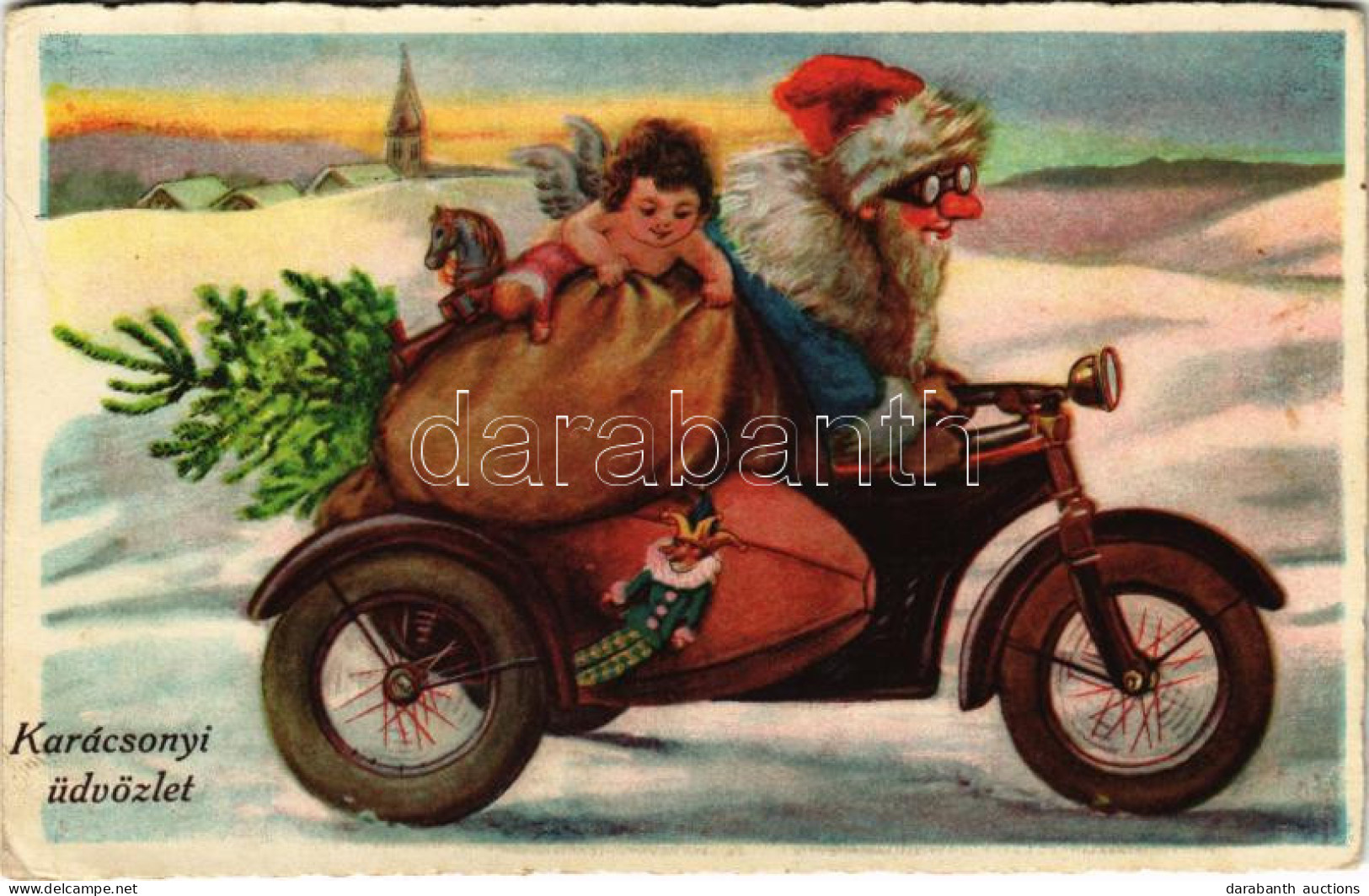 * T2/T3 1931 Karácsonyi üdvözlet, Motorkerékpáros Mikulás / Christmas Greeting, Saint Nicholas Riding On A Motorbicycle. - Non Classés