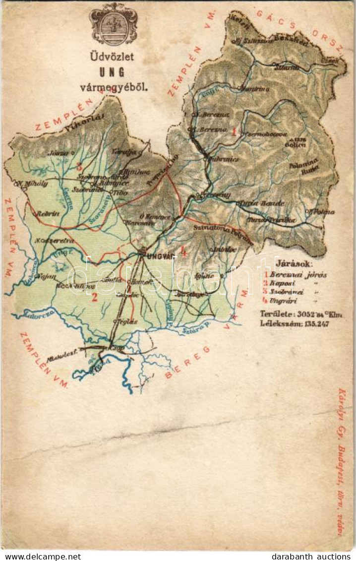 * T4 Ung Vármegye Térképe. Kiadja Károlyi Gy. / Uzská Zupa / Map Of Ung County (r) - Non Classés