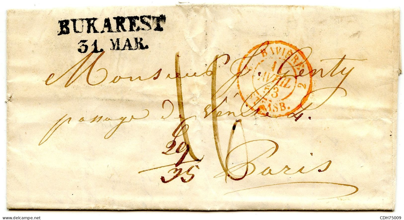 ROUMANIE - BUKAREST 31. MARS SUR LETTRE AVEC CORRESPONDANCE POUR PARIS, 1853 - ...-1858 Prephilately