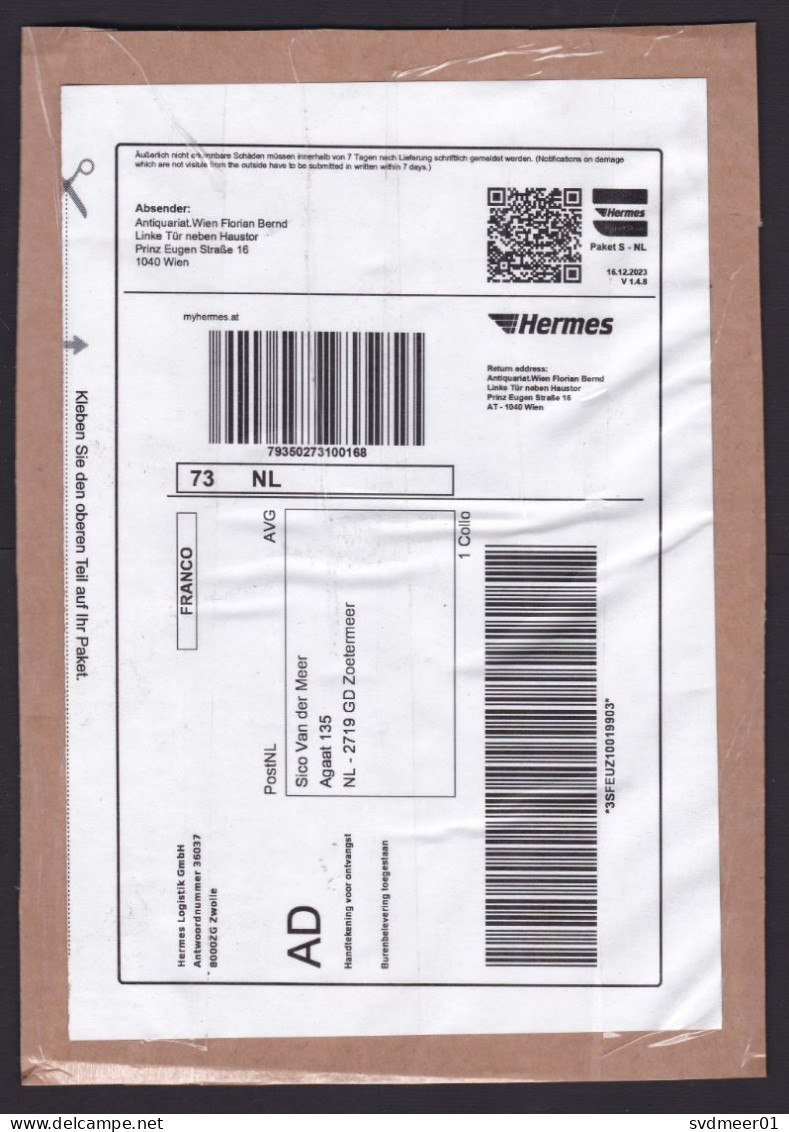 Austria: Parcel Fragment (cut-out) To Netherlands, 2023, Hermes Parcel Service, Self-printed Label, QR (much Tape Used) - Briefe U. Dokumente