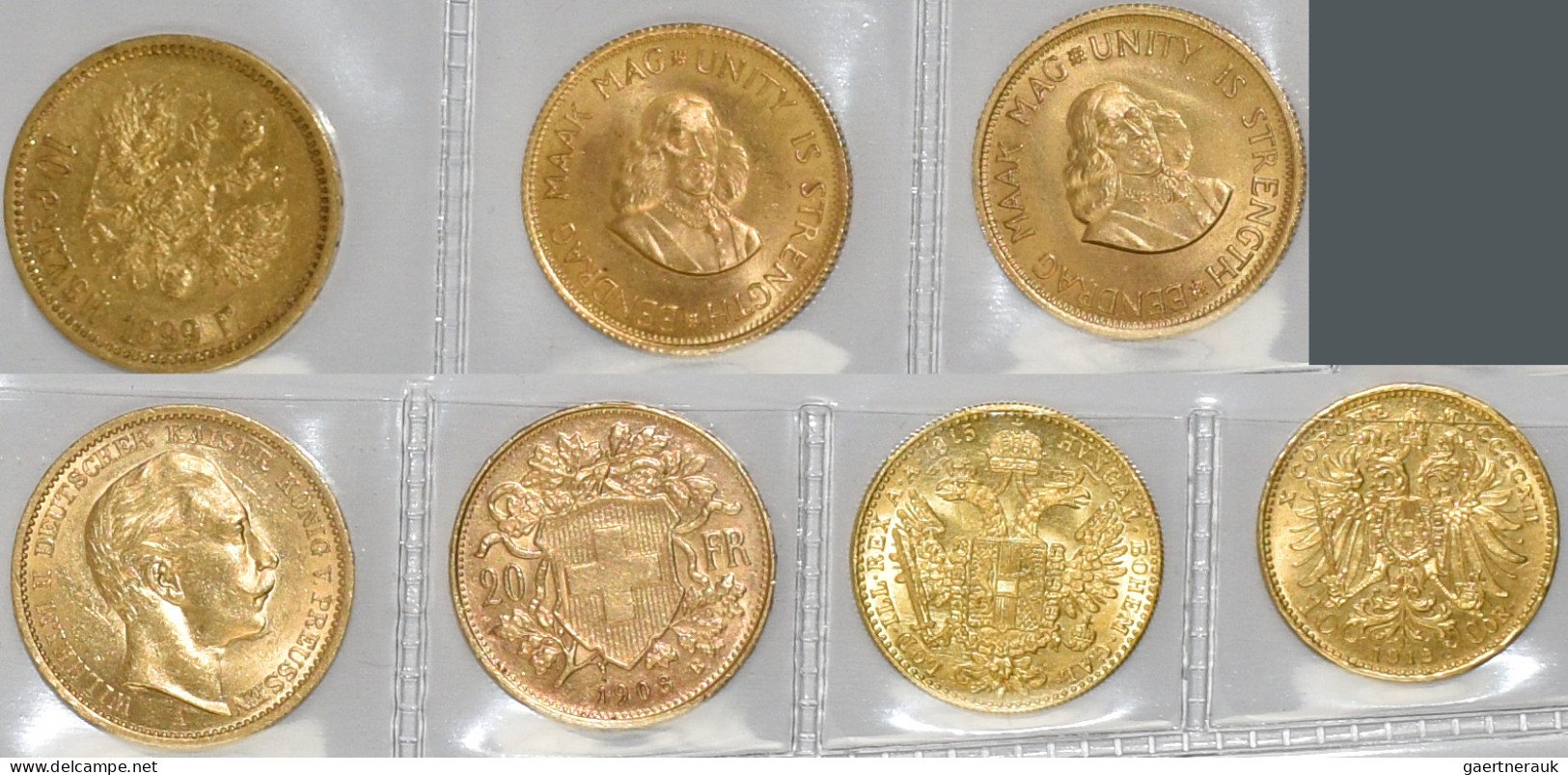 Alle Welt  - Anlagegold: Lot 7 Goldmünzen, Dabei 10 Corona, 1 Dukat, 20 CHF Vren - Collections & Lots