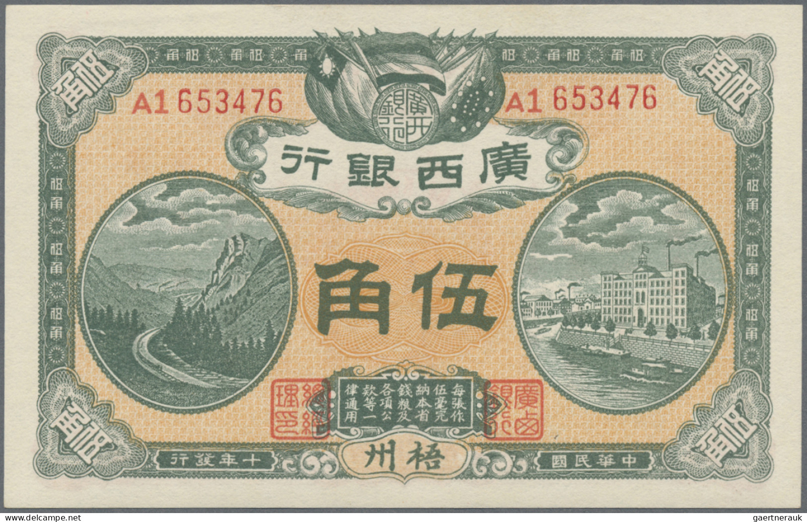 China: KWANGSI BANK, Lot With 5 Banknotes, Series 1917-1936, With 10 Cents 1917 - Chine