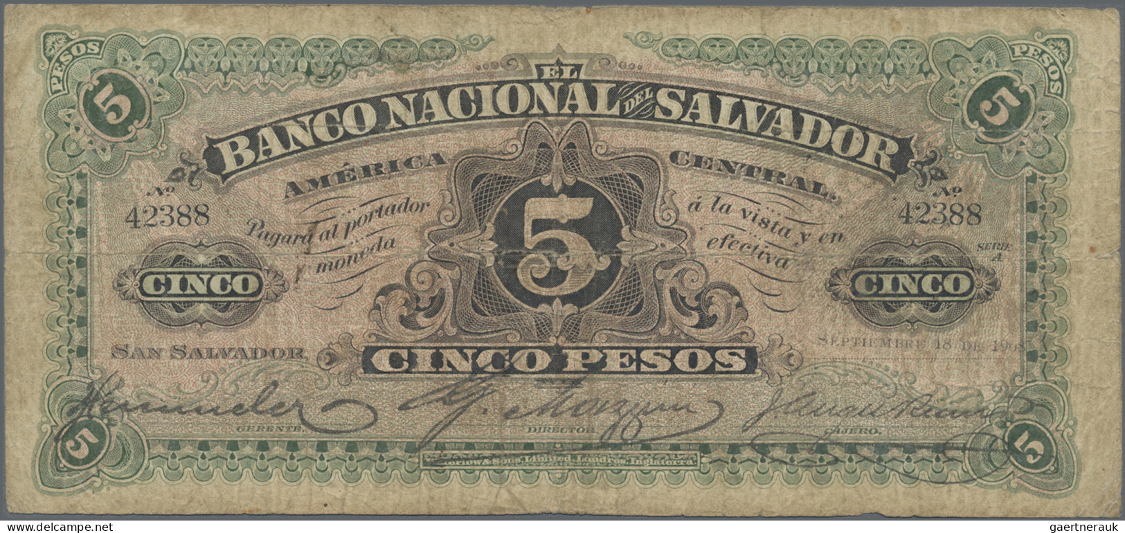 El Salvador: El Banco Nacional Del Salvador, 5 Pesos 1908, P.S162b, Still Nice W - Salvador