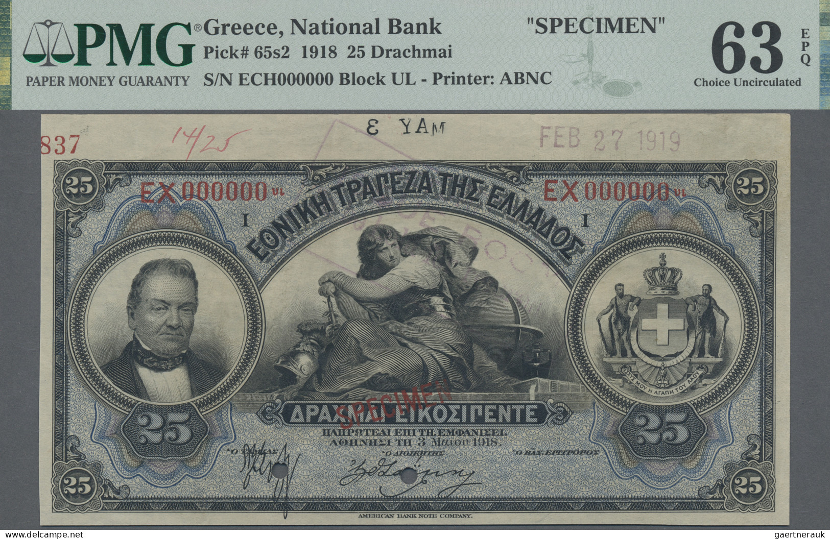 Greece: National Bank Of Greece, 25 Drachmai 1918 SPECIMEN, P.65s2, PMG Graded 6 - Grèce