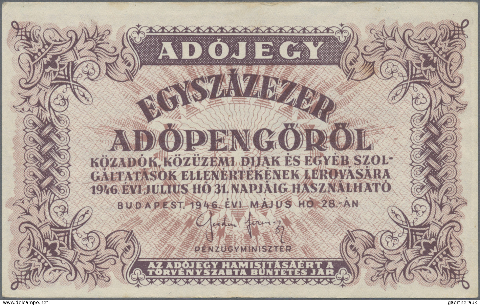 Hungary: Ministry of Finance, set with 10.000, 50.000, 100.000 and 500.000 Adope