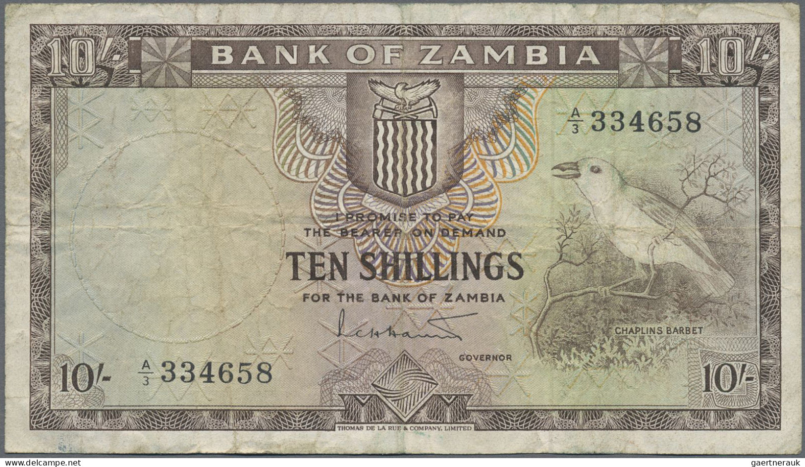Zambia: Bank Of Zambia, 10 Shillings ND(1964), P.1, Stained Paper With Several F - Zambie