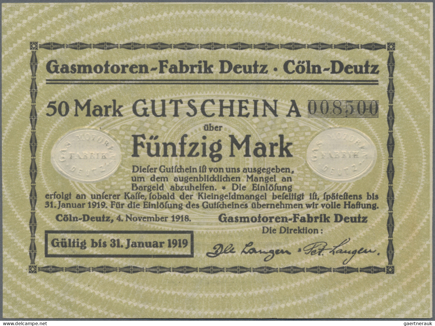 Deutschland - Notgeld - Rheinland: Köln-Deutz, Gasmotoren-Fabrik Deutz, 5, 20, 5 - [11] Local Banknote Issues