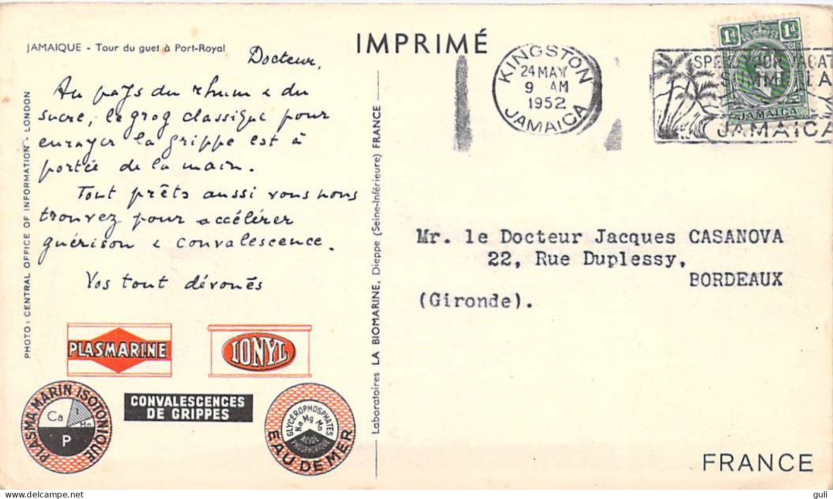 PUB BIOMARINE JAMAÏQUE Tour Du Guet à PORT-ROYAL   (Philatélie Timbre Stamp JAMAICA  Année 1952 - Jamaïque