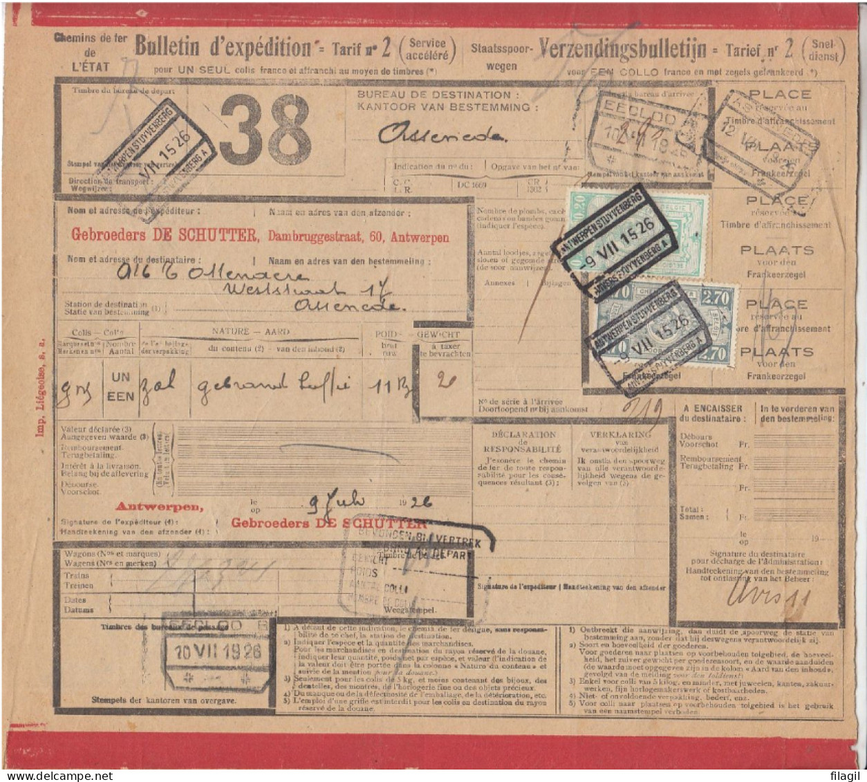 Vrachtbrief 38 Van Antwerpen Stuyvenberg A Naar Assenede - Andere & Zonder Classificatie