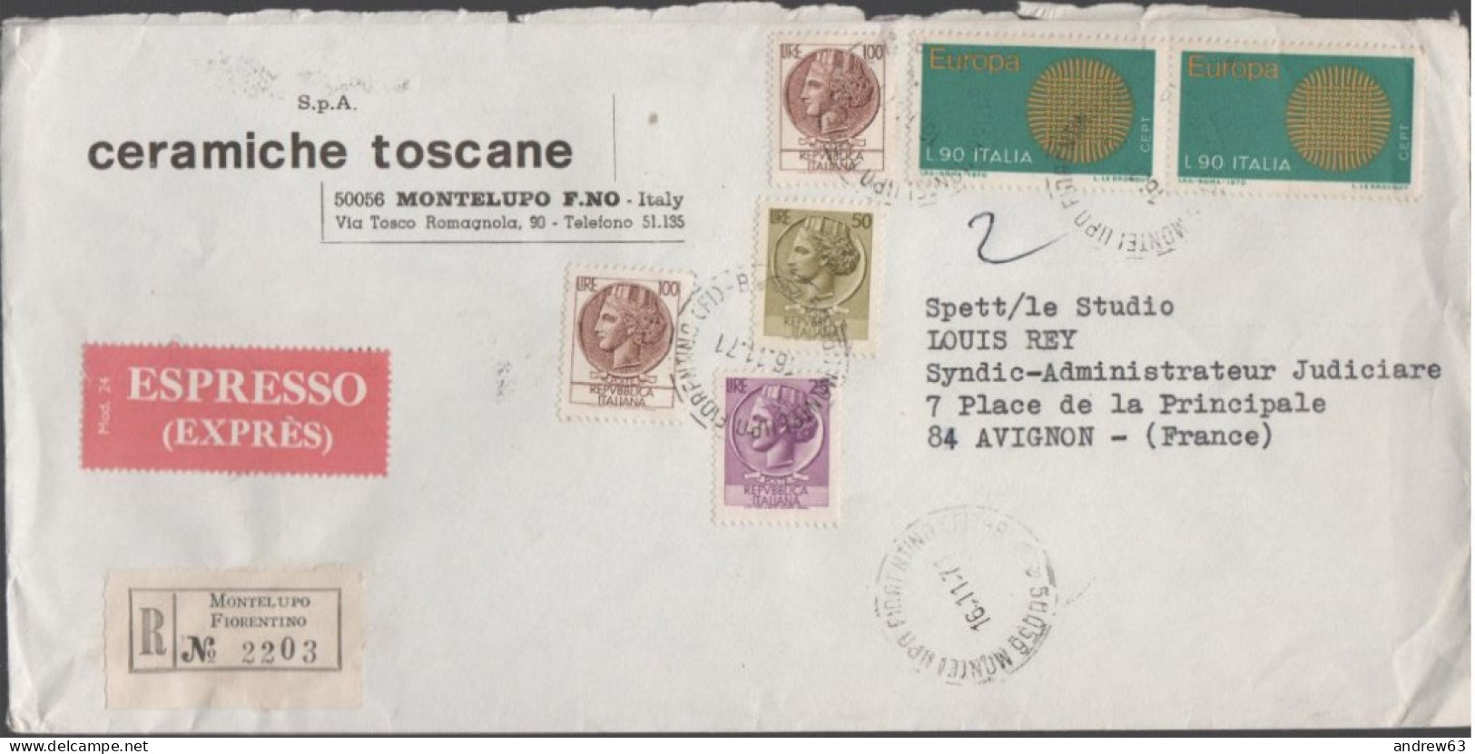 ITALIA - ITALY - ITALIE - 1971 - 2x 100 + 25 + 50 Siracusana + 2x 90 Europa Cept - Raccomandata Espresso - Ceramiche Tos - Poste Exprèsse/pneumatique