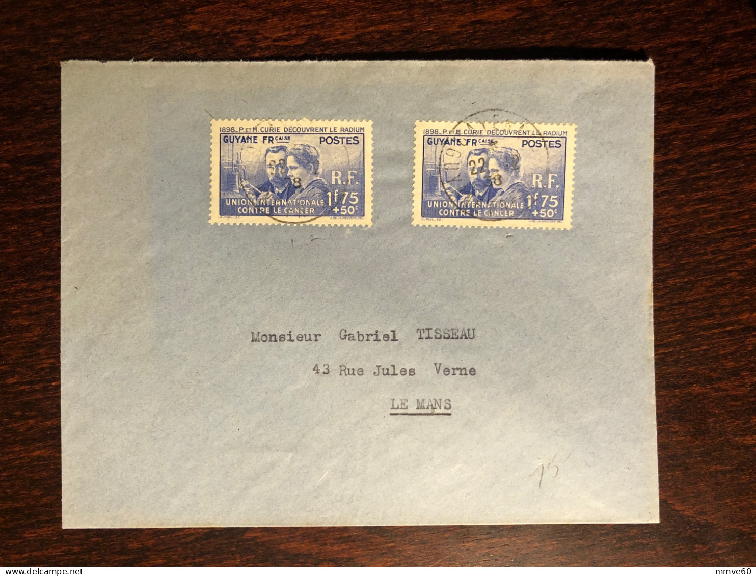 GUYANE FRANCE FRENCH GUYANA TRAVELLED COVER LETTER TO FRANCE 1938 YEAR CURIE CANCER HEALTH MEDICINE - Covers & Documents