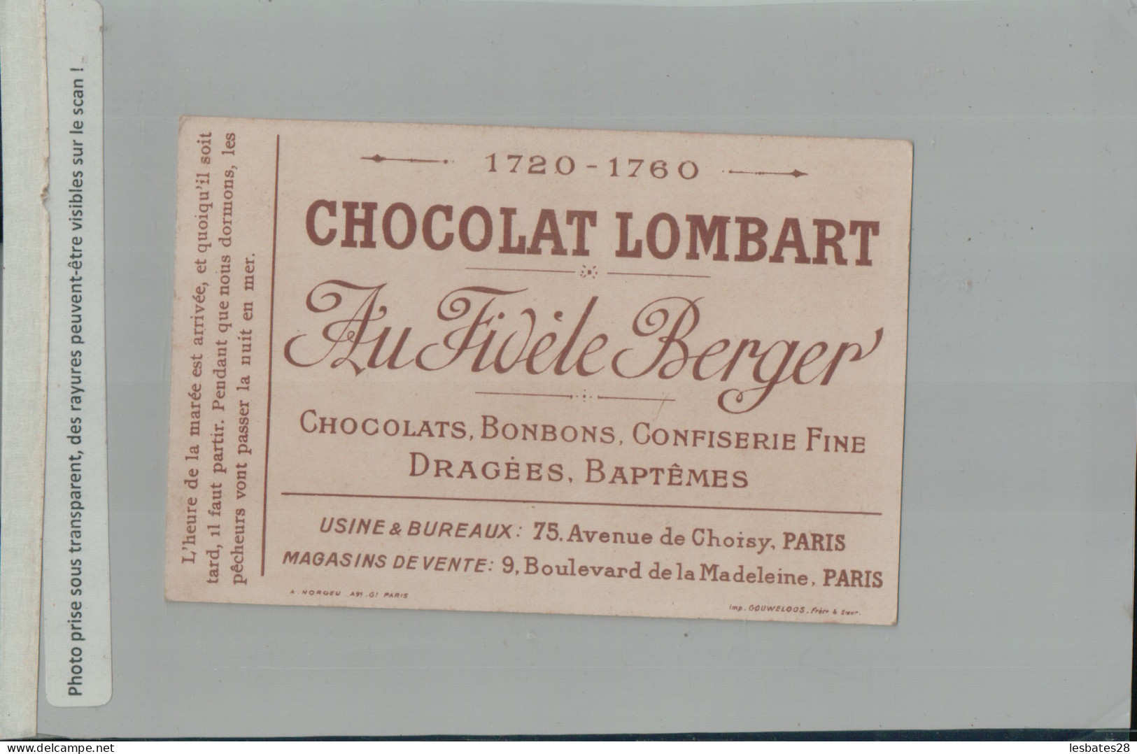 Chromo Chocolat Lombart  Le Départ De Nuit Pour La Pêche - Au Fidèle Berger  - (2024 Jan-25 Boite C) - Lombart