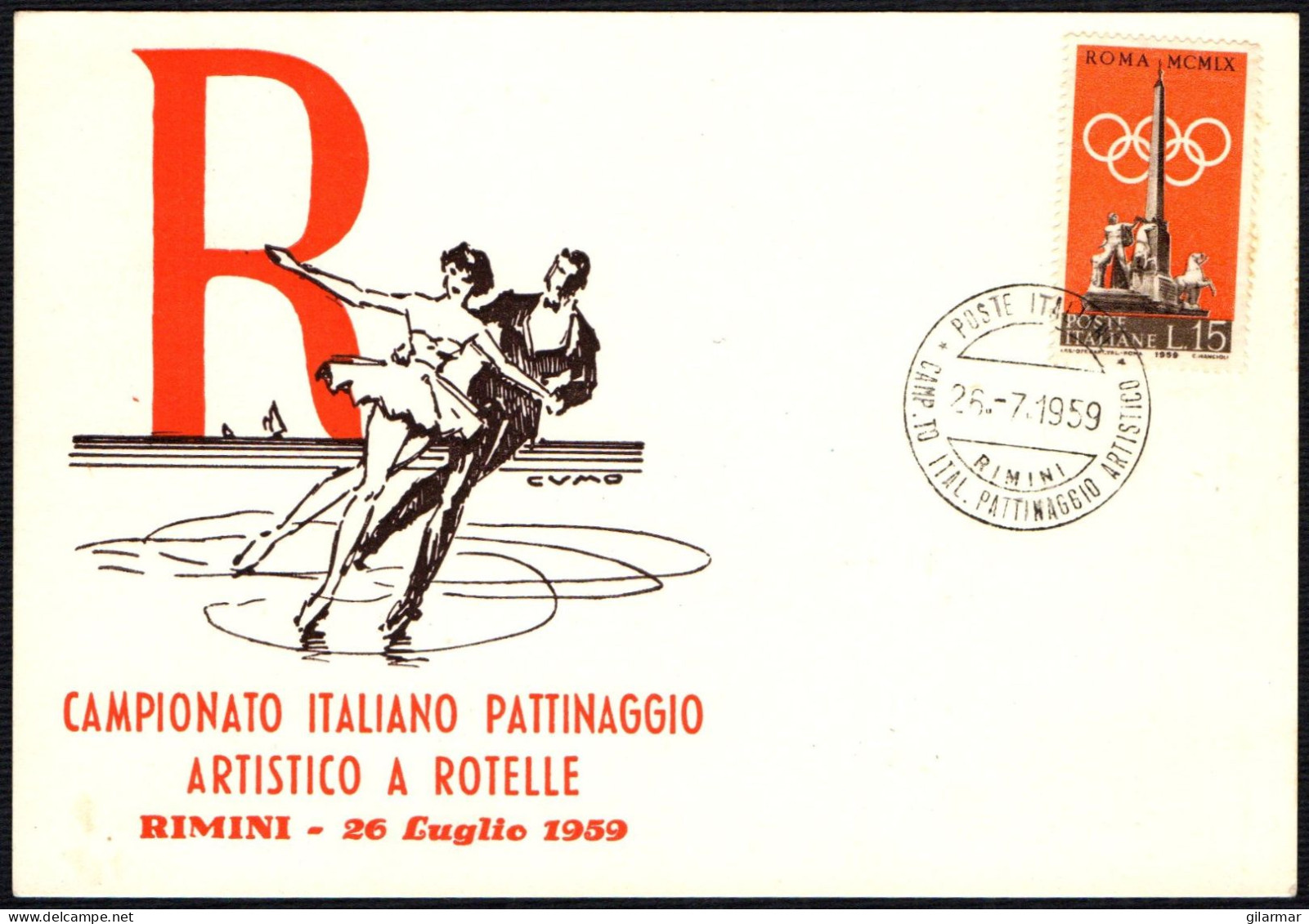 SKATING - ITALIA RIMINI 1959 - CAMPIONATO ITALIANO PATTINAGGIO ARTISTICO A ROTELLE - CARTOLINA UFFICIALE - M - Figure Skating