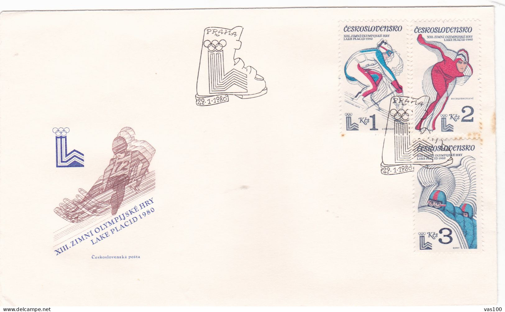 OLYMPIC GAMES LAKE PLACID 1980 COVERS  FDC  CIRCULATED  Tchécoslovaquie - Brieven En Documenten