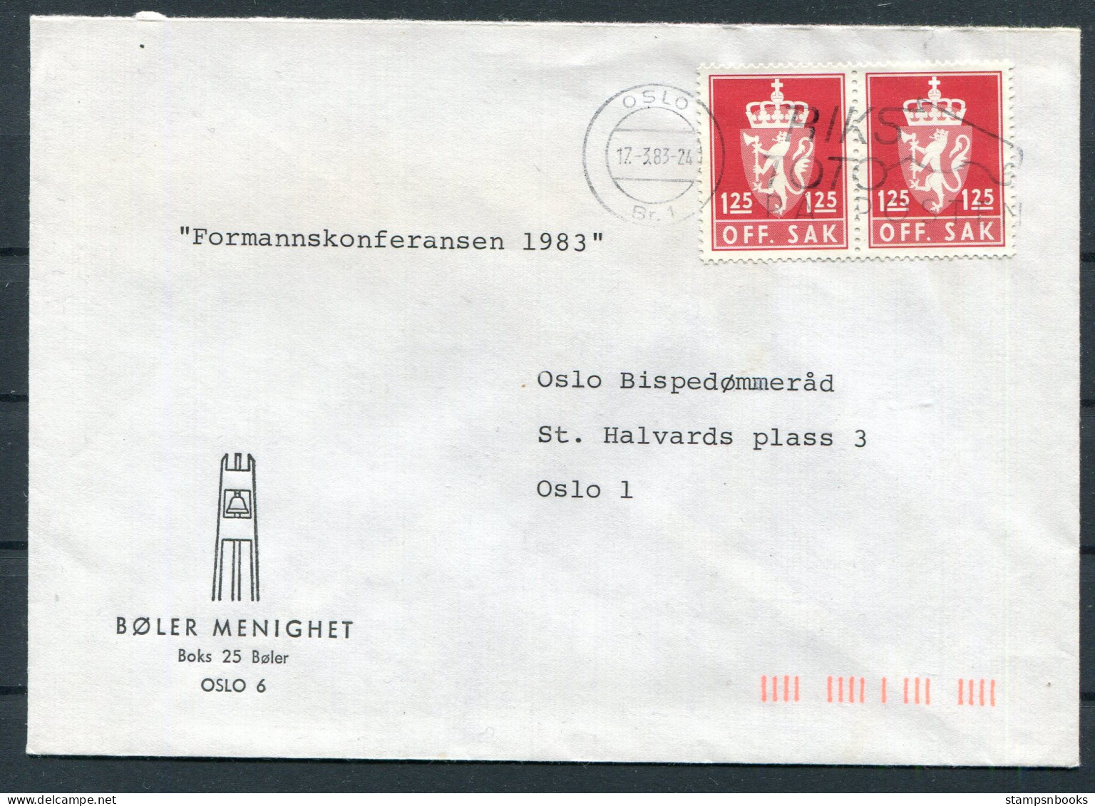 1983 Norway Boler Menighet Oslo Official OFF.SAK Cover - Cartas & Documentos