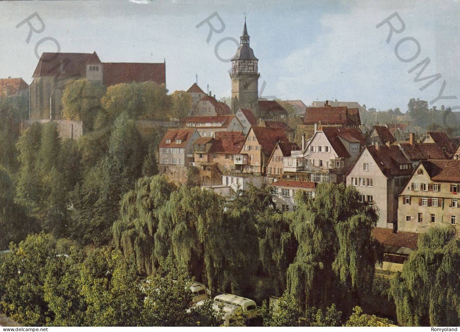 CARTOLINA  BACKNANG,BADEN-WUERTTEMBERG,GERMANIA-BLICK AUF DIE MURR UND STIFTSKIRCHE MITTE,STADT-TURM-VIAGGIATA 1970 - Backnang