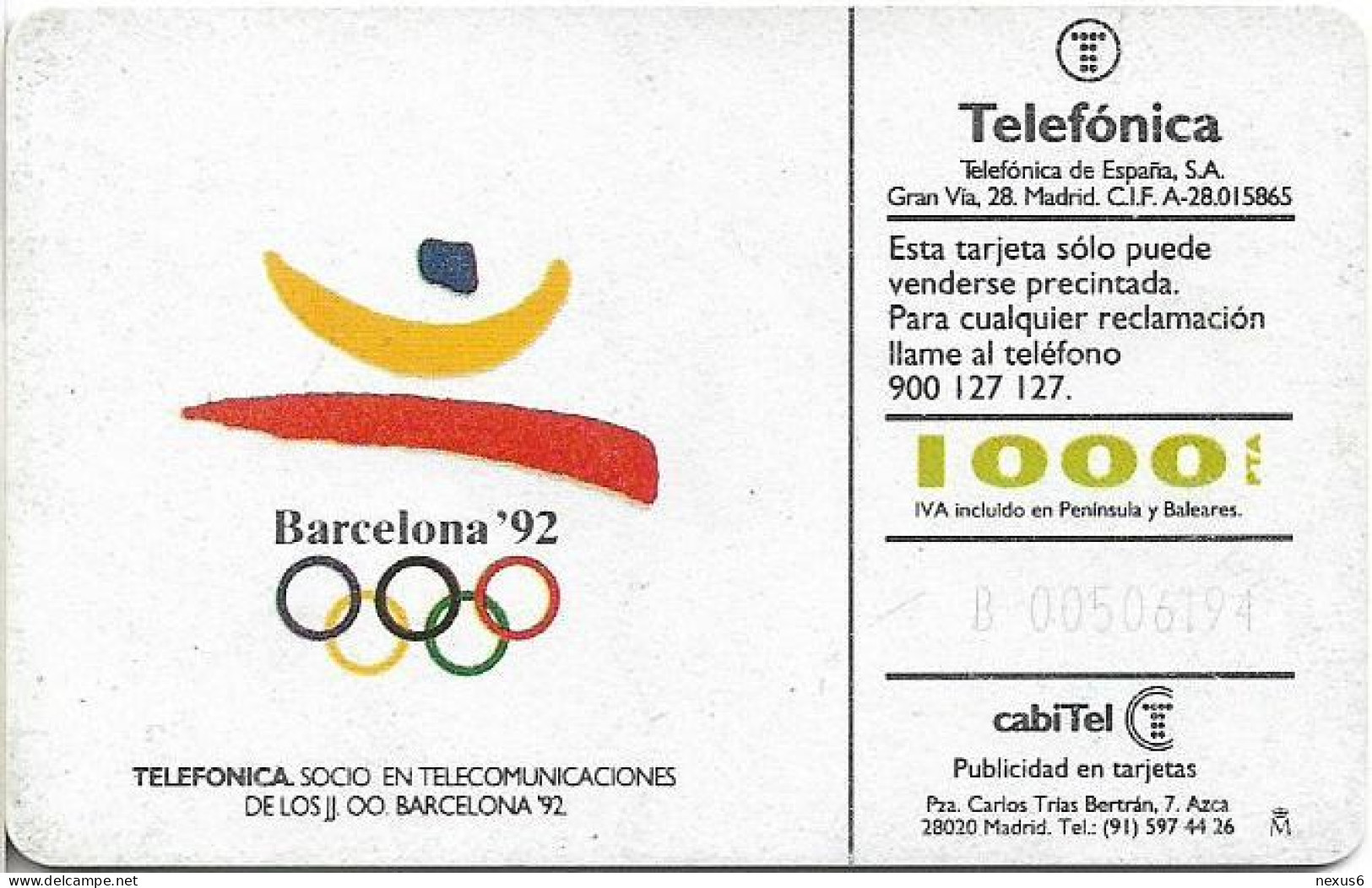 Spain - Telefónica - Telepuerto - CP-007 - 06.1992, 1.000PTA,  50.000ex, Used - Commemorative Advertisment