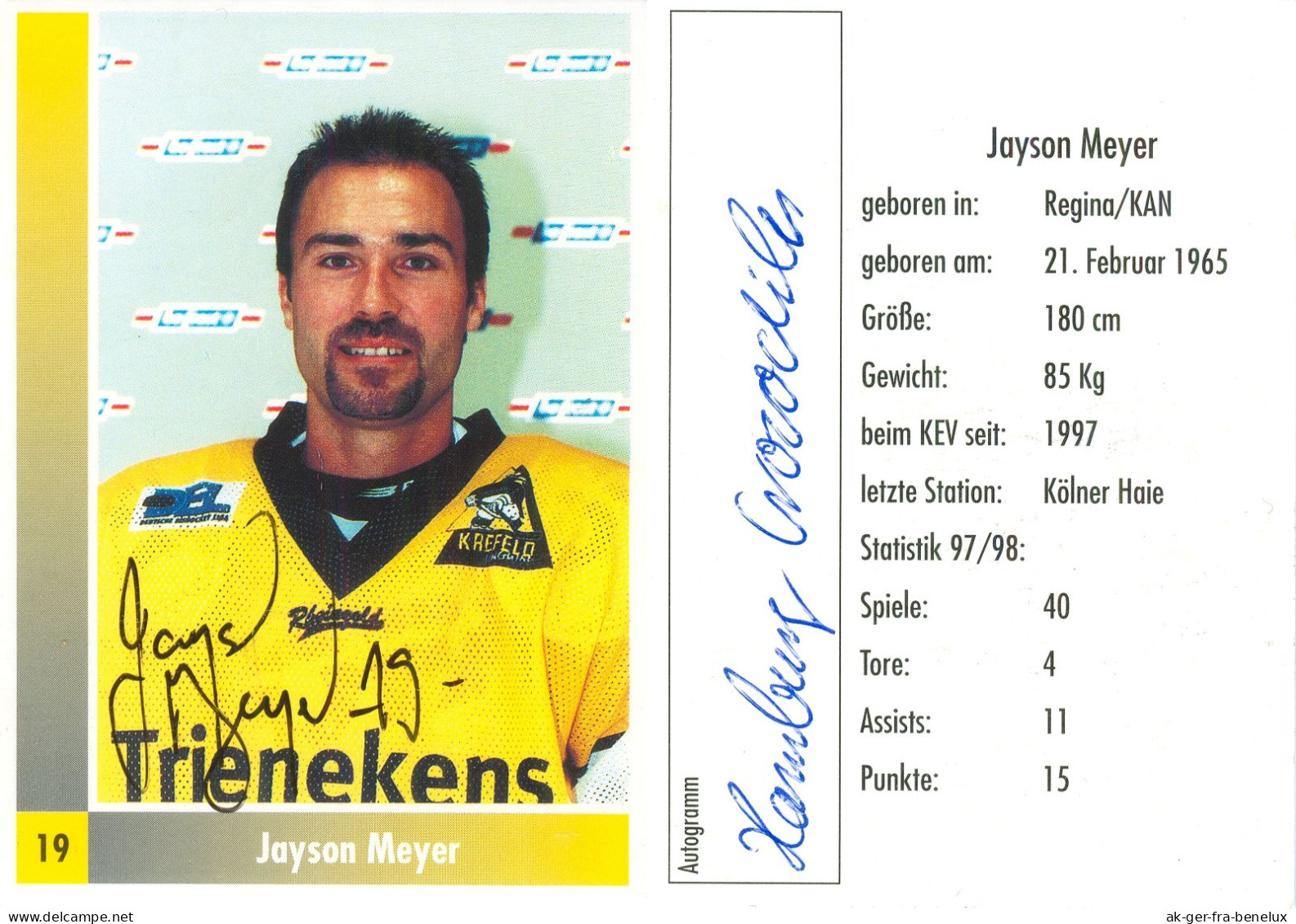 Autogramm Eishockey AK Jayson Meyer Krefeld Pinguine 98-99 Landsberg Am Lech Crocodiles Hamburg Kölner Haie EHC Uzwil - Winter Sports