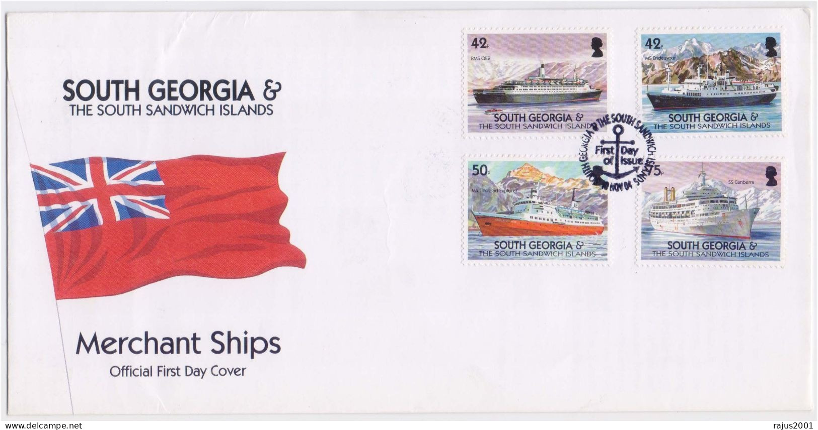 Merchant Ships, RMS QE2 Ship, Lindblad Explorer, MS Endeavour Ship, Mountain, South Georgia Official FDC 2004 - Georgia Del Sud