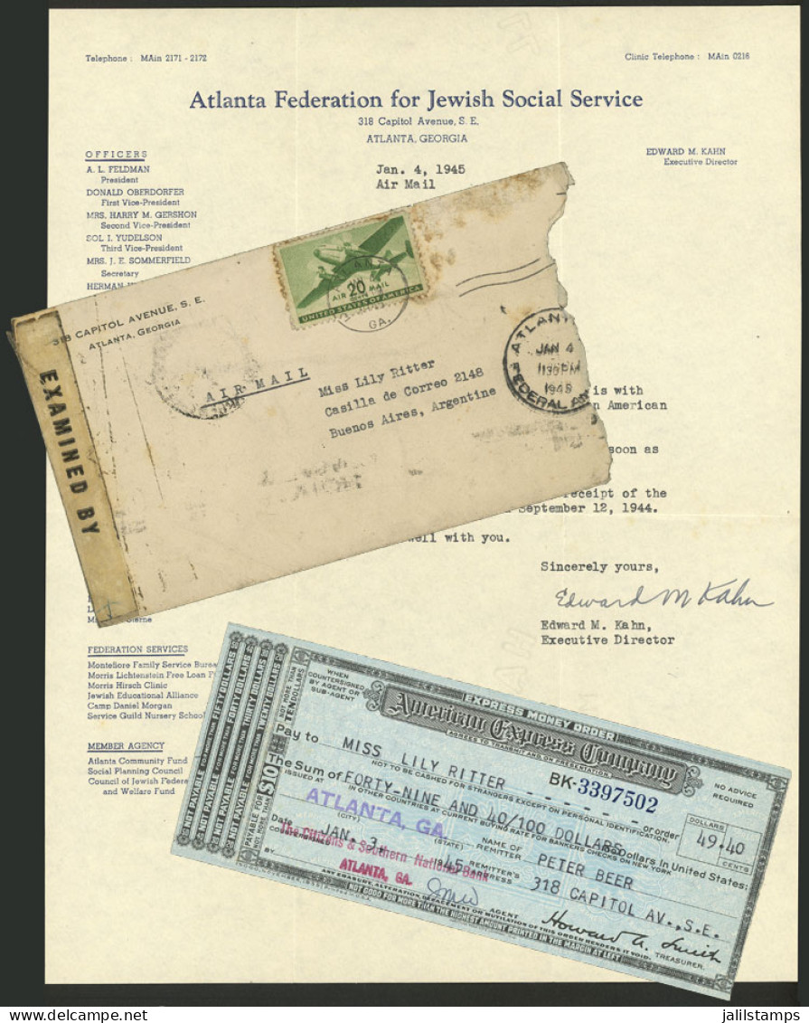 TOPIC JUDAICA: Airmail Cover Sent From USA To Argentina On 4/JA/1945, With Its Original Content: Letter Of The "Atlanta  - Zonder Classificatie