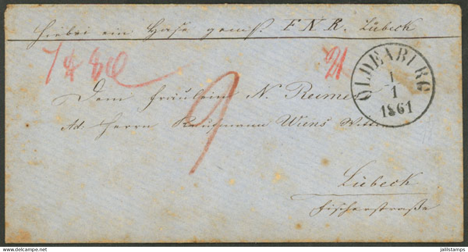 GERMANY: 1/JA/1861 Oldenburg - Lübeck, Cover Without Postage, With Nice Cancels And Interesting Hand-written Marks! - Briefe U. Dokumente