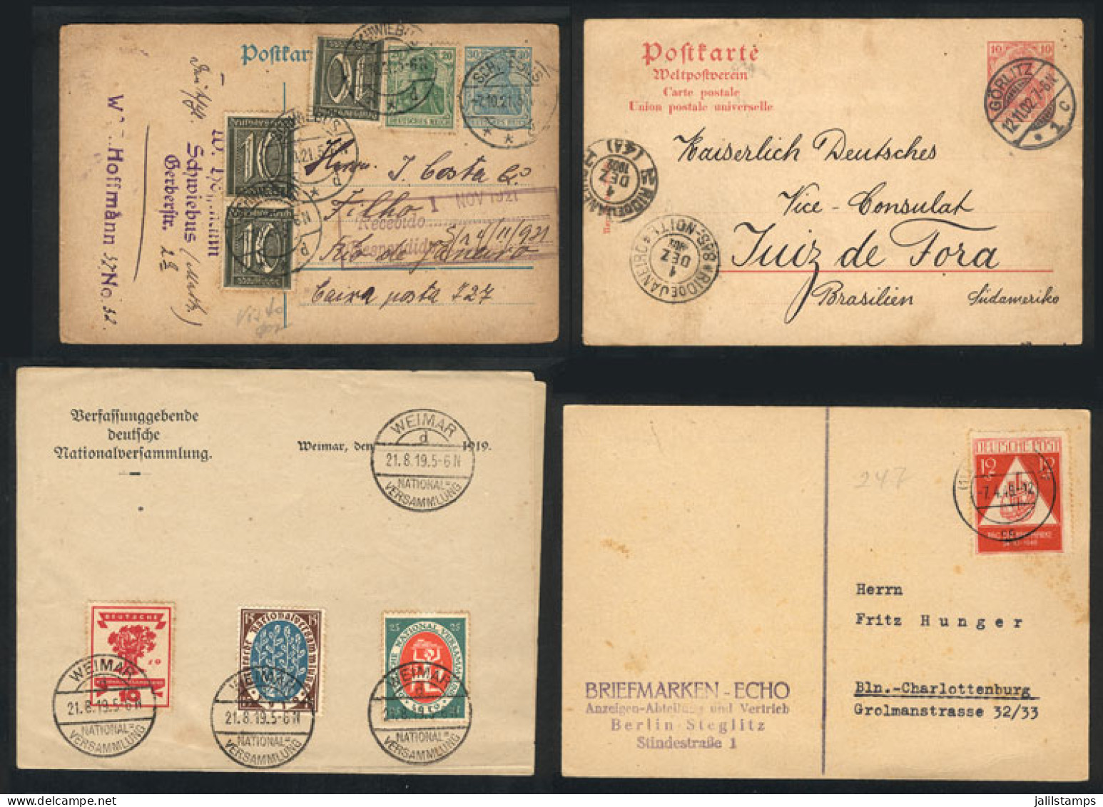 GERMANY: 2 Postal Cards Sent To Brazil + Card With Good Postage + Sheet With Commemorative Set Of The Weimar Exposition  - Covers & Documents