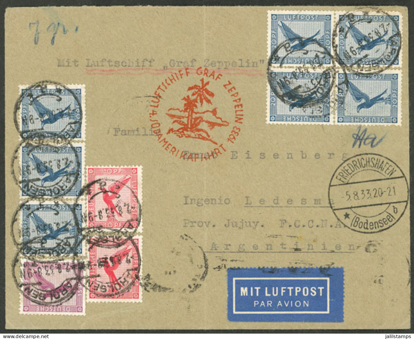 GERMANY: 2/AU/1922 Arolsen - Jujuy (Argentina), Airmail Cover Flown By Zeppelin On Its 4th Flight To South America, Tran - Briefe U. Dokumente