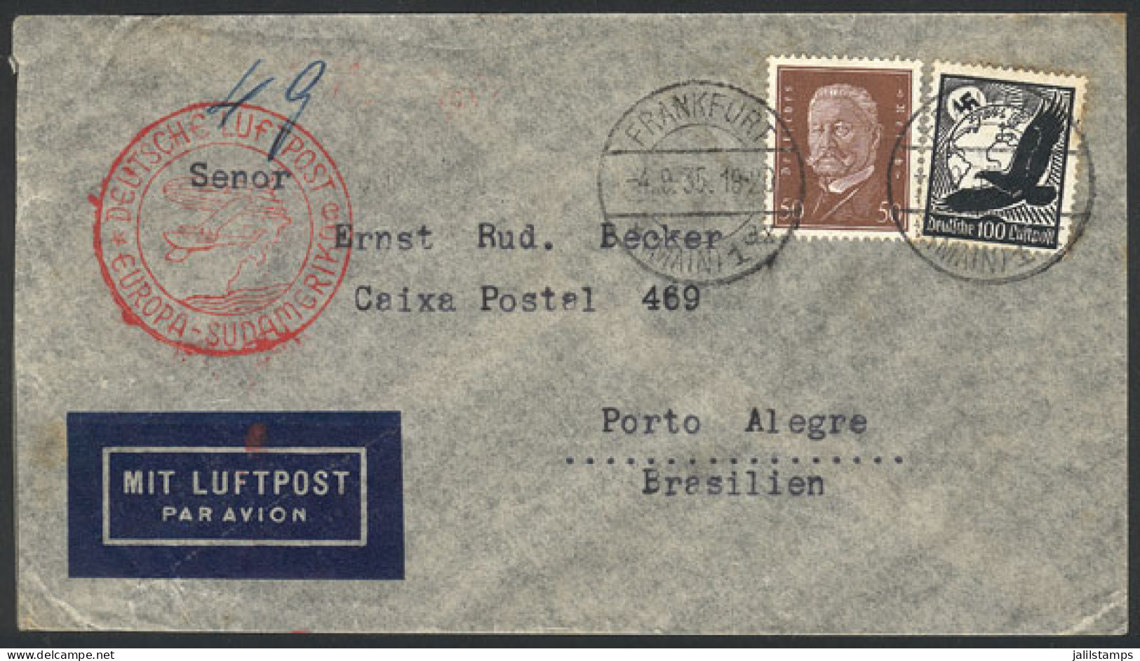 GERMANY: Airmail Cover Sent From Frankfurt To Brazil On 4/SE/1935 Franked With 1.50Mk., VF Quality! - Covers & Documents