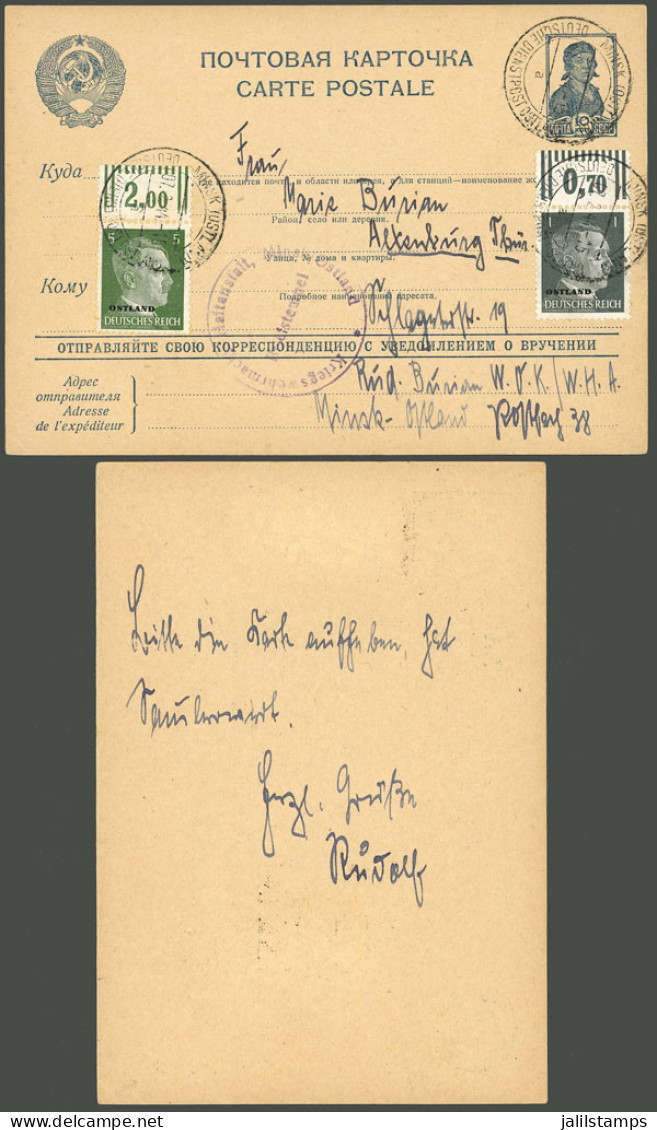 GERMANY - RUSSIAN OCCUPATION: Russia Postal Card + Germany Stamps Overprinted "OSTLAND", Sent From Minsk To Altenburg On - Lettres & Documents