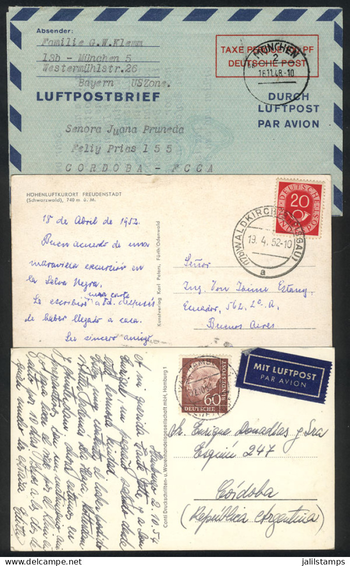 WEST GERMANY: 2 Postcards And 1 Aerogram Sent To Argentina Between 1948 And 1954, VF Quality, Interesting! - Lettres & Documents
