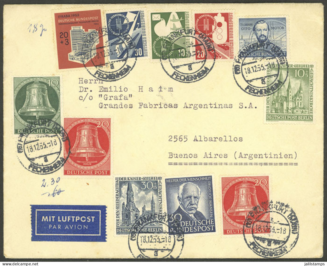 WEST GERMANY: 18/DE/1953 Frankfurt - Argentina, Airmail Cover With Spectacular Multcolor Postage, Very Fine Quality. The - Lettres & Documents