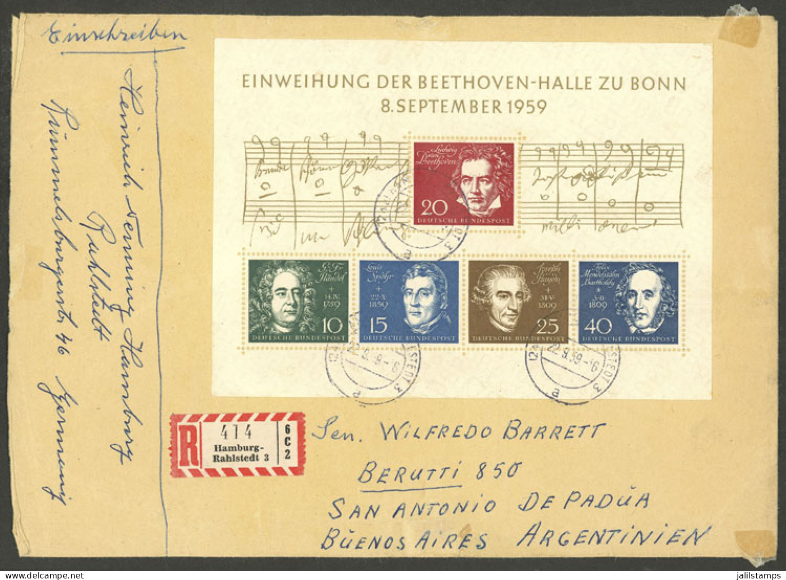 WEST GERMANY: 22/SE/1959 Hamburg-Rahlstedt - Argentina, Registered Cover Franked With The Souvenir Sheet Of 1959 Commemo - Briefe U. Dokumente