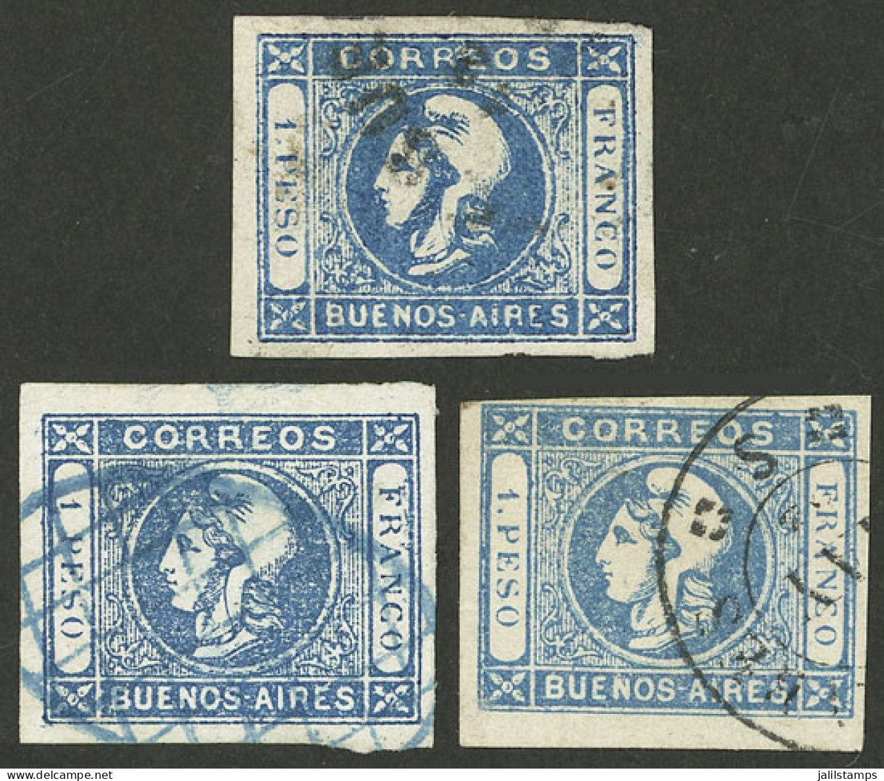 ARGENTINA: GJ.17, 3 Examples In Azure Or Light Blue, Different Cancels, Very Fine Quality! - Buenos Aires (1858-1864)