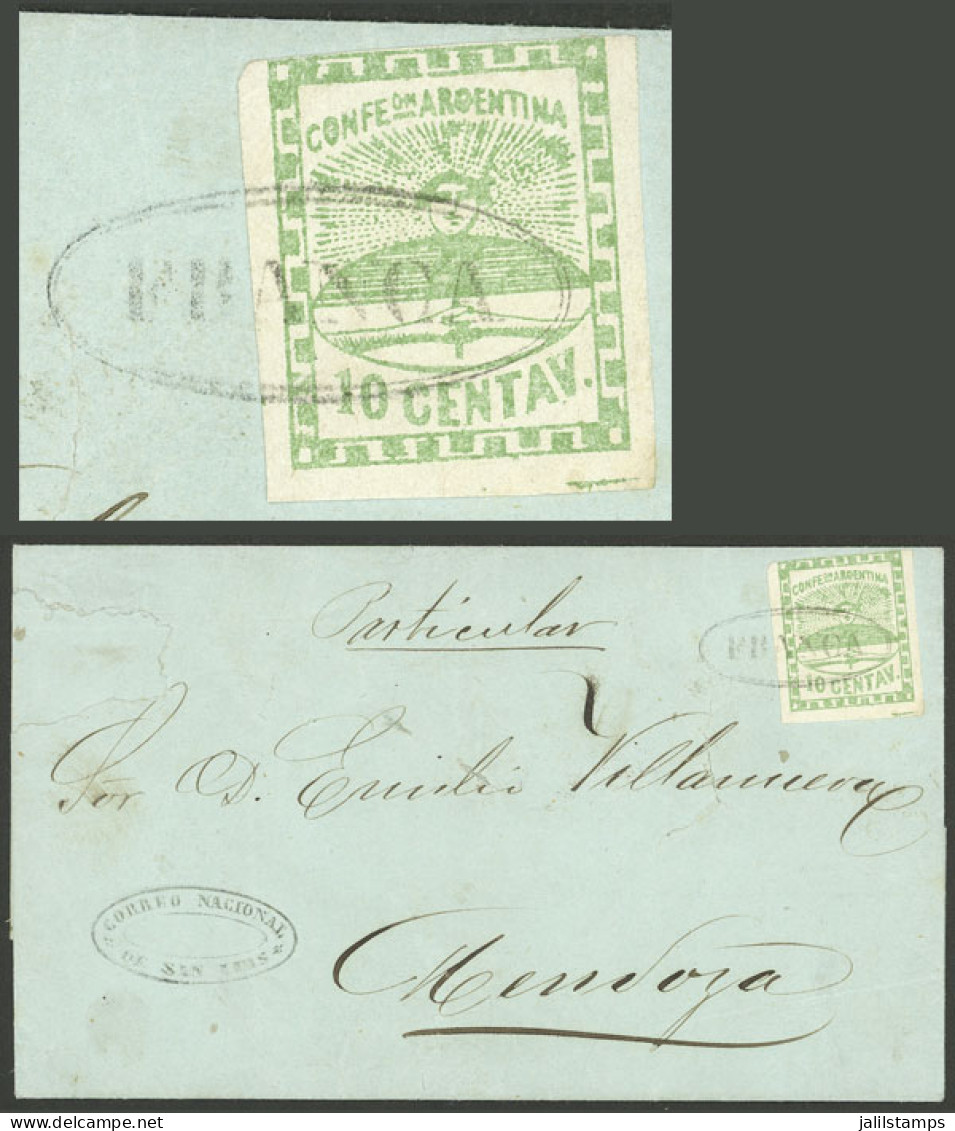 ARGENTINA: GJ.2, 10c. Green On A Folded Cover With FRANCA Cancel Of San Luis In Black (+250%), Rare! - Cartas