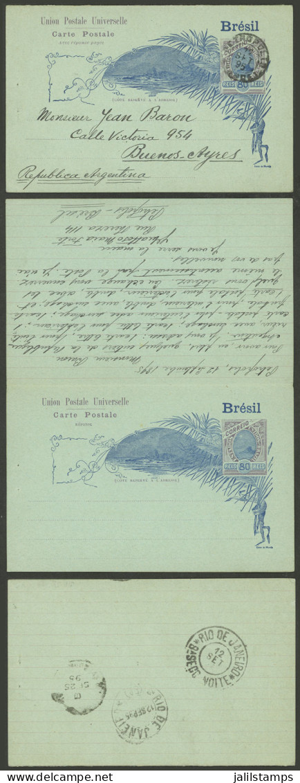 BRAZIL: RHM.BP-52E, Double Postal Card 80r + 80r With The Reply Attached And Unused, Sent From Petropolis To Argentina O - Sonstige & Ohne Zuordnung