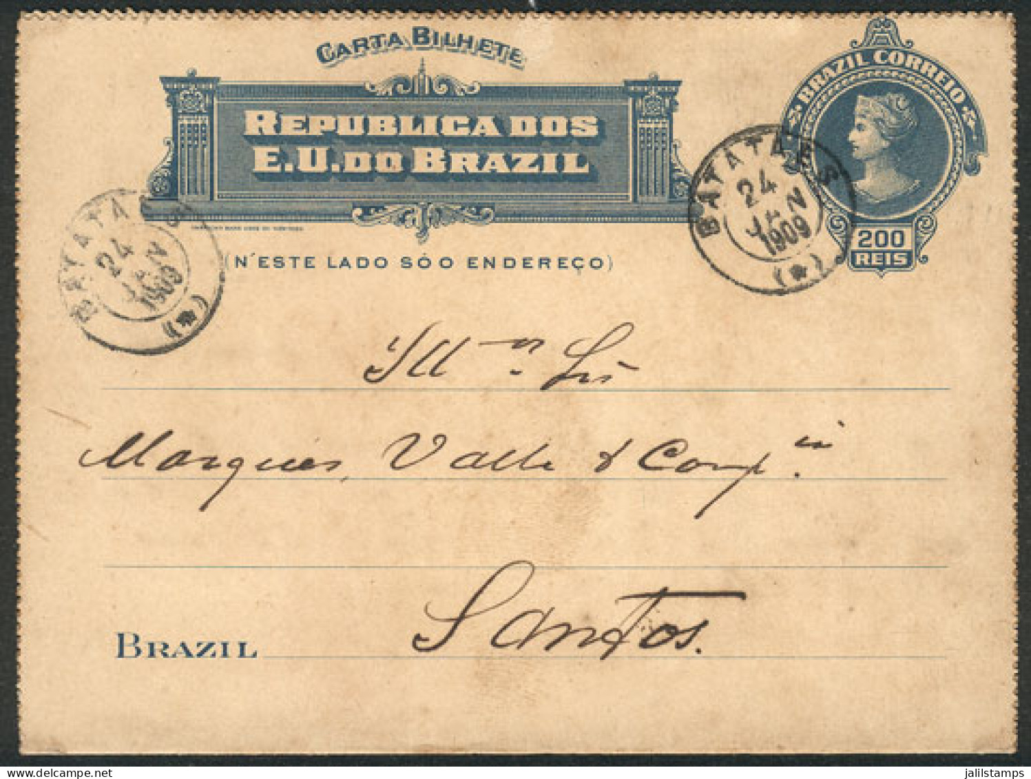 BRAZIL: RHM.CB-80, Lettercard Sent From BATATAES To Santos On 24/JA/1909, VF Quality, Catalog Value 220Rs. - Andere & Zonder Classificatie