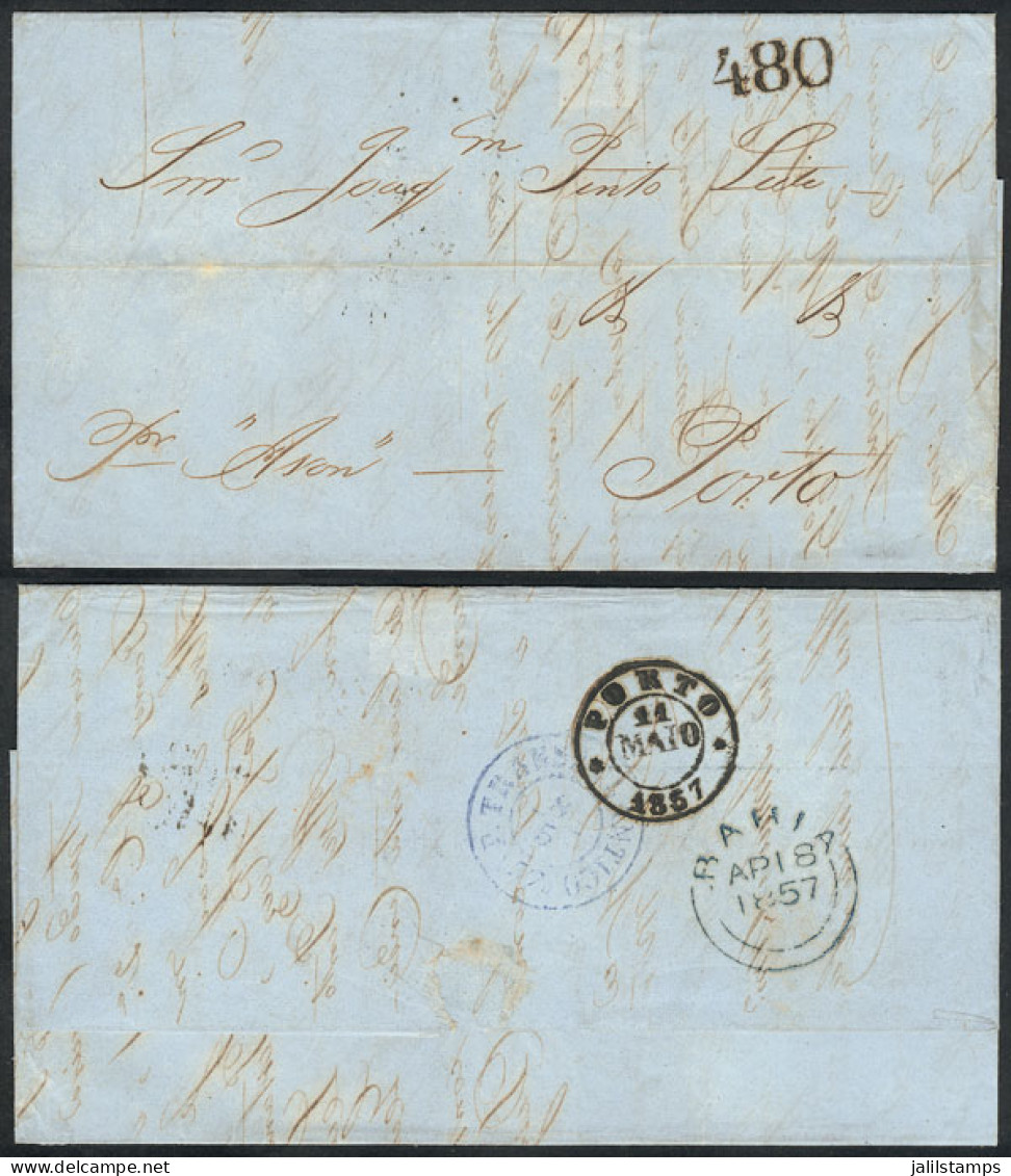 BRAZIL: Entire Letter Sent From Bahia To Porto On 18/AP/1857 Via British Mail, On Front With Dues "480" Reis, And Backst - Andere & Zonder Classificatie