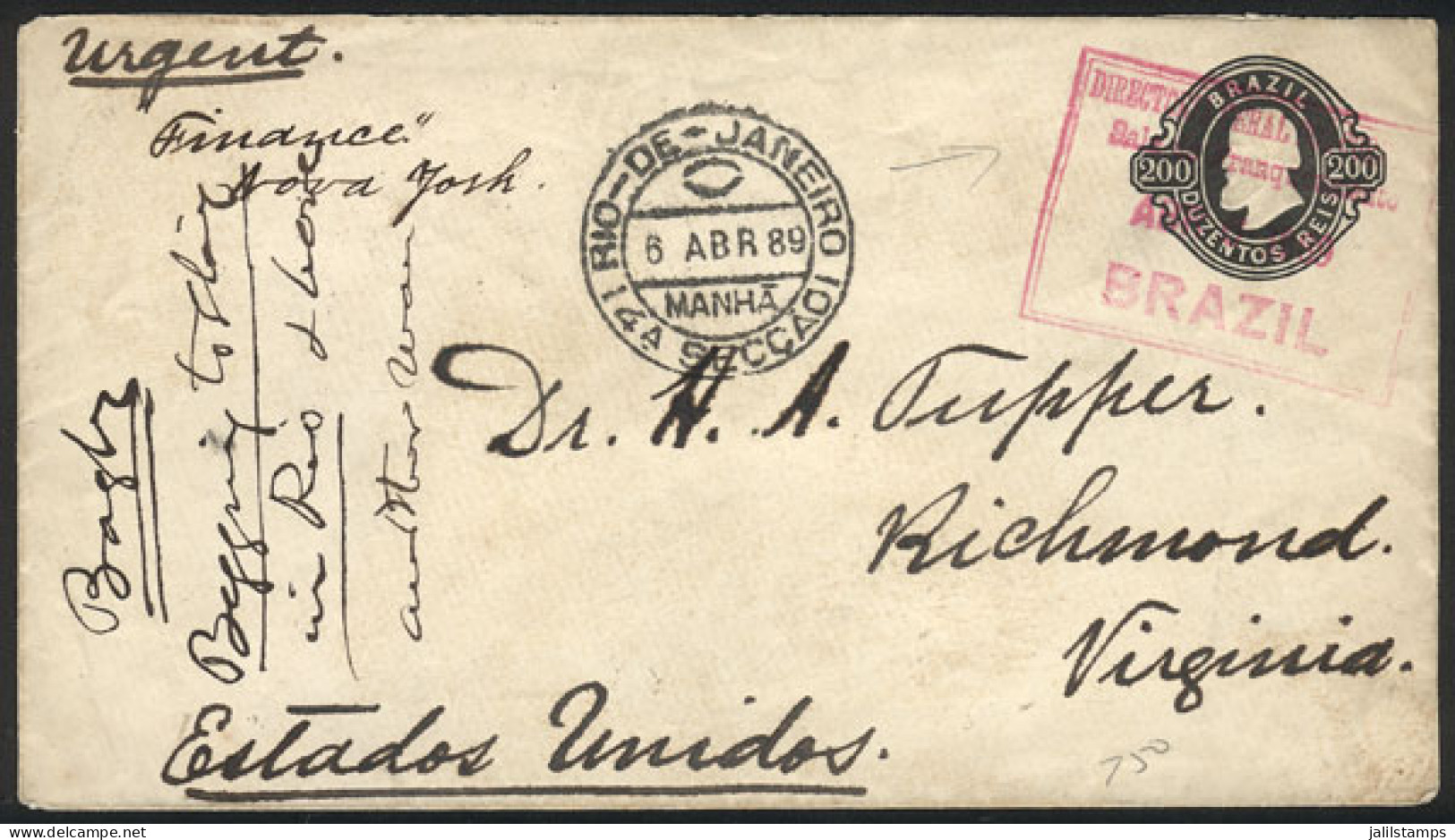 BRAZIL: 200Rs. Stationery Envelope Sent To USA On 6/AP/1889 With An Interesting Rose Rectangular Postmark, VF Quality! - Sonstige & Ohne Zuordnung