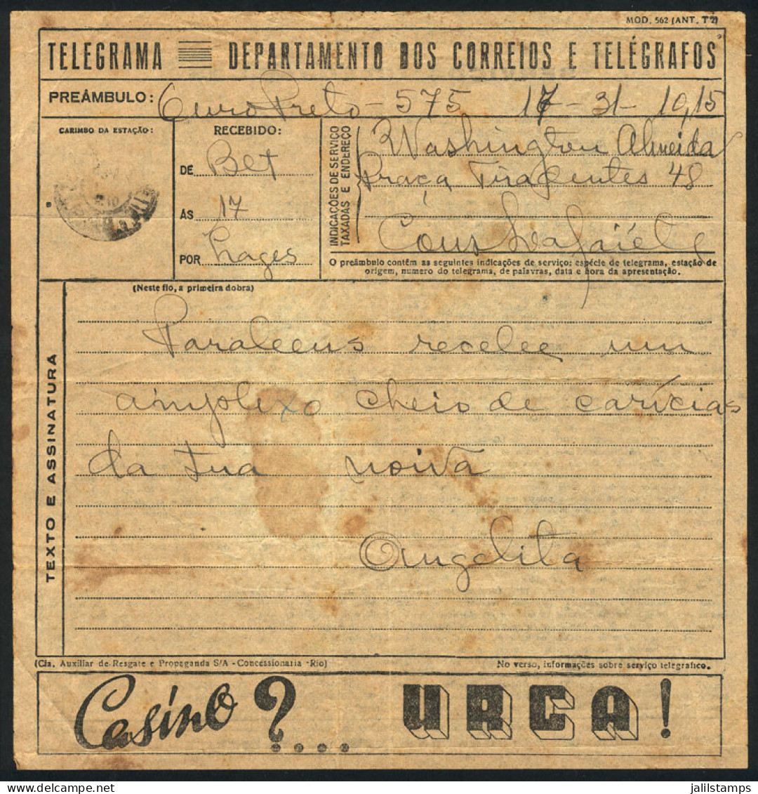 BRAZIL: Telegram With ADVERTISING For "Casino Urca", VF Quality, Rare!" - Otros & Sin Clasificación