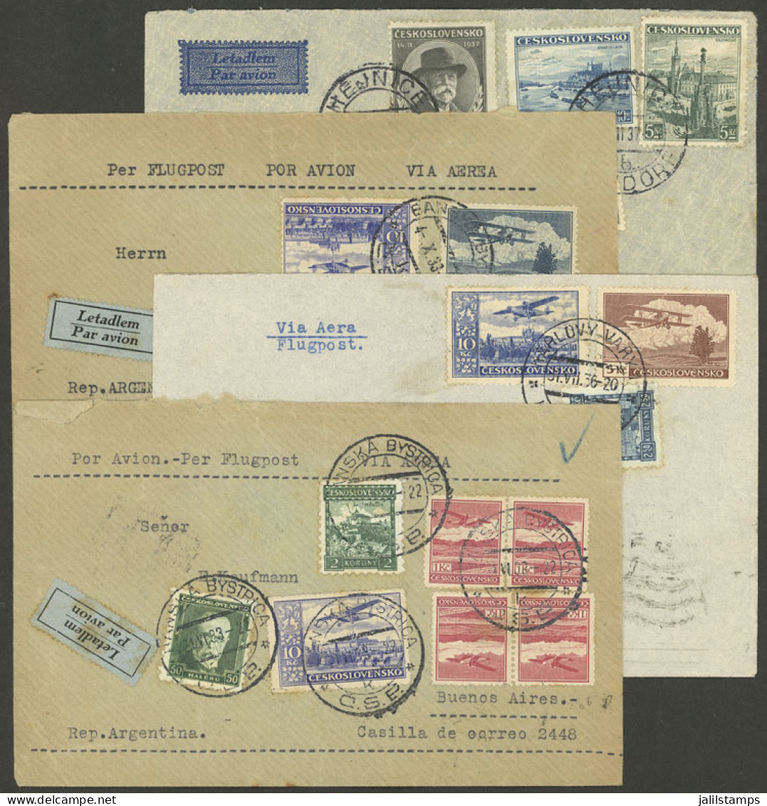 CZECHOSLOVAKIA: 4 Airmail Covers Sent To Argentina Between 1933 And 1937 By Air France, With Attractive Postages, Very F - Sonstige & Ohne Zuordnung