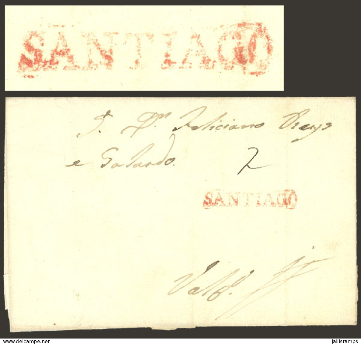 CHILE: Circa 1840, Folded Cover Sent To Valparaiso, With The Red Straightline Mark "SANTIAGO" And "2" Rating In Pen, Exc - Chili