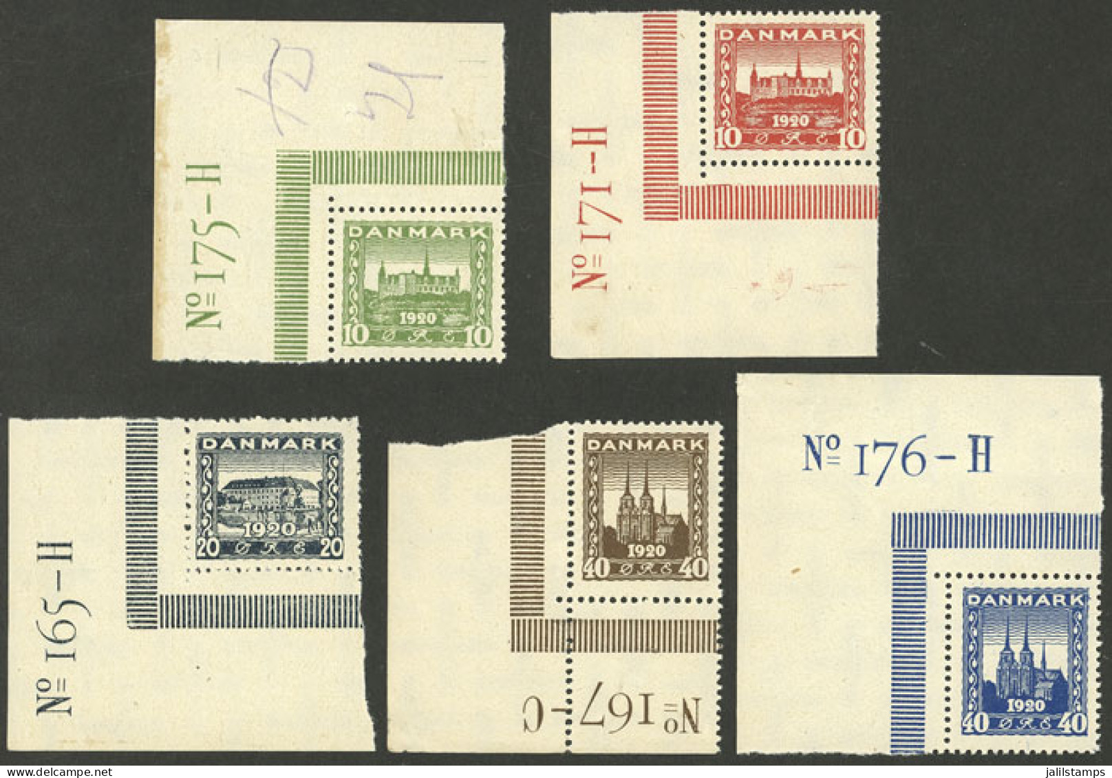 DENMARK: Yvert 122/26, 1920/1 Northern Schleswig, Cmpl. Set Of 5 MNH Values, All With Sheet Corner (with Hinge Marks In  - Sonstige & Ohne Zuordnung