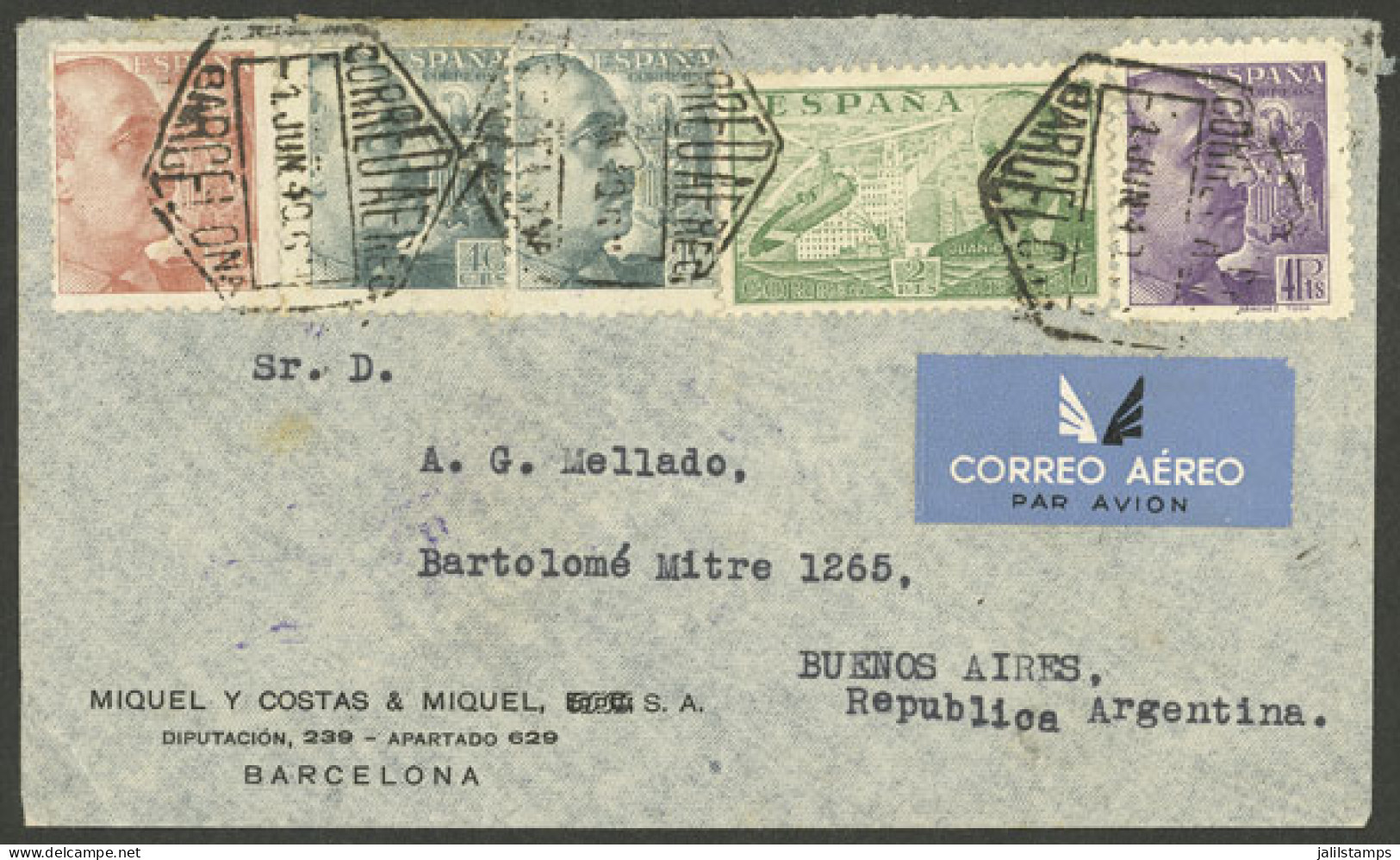 SPAIN: 1/JUN/1940 Barcelona - Argentina, Airmail Cover Franked With 6.90Ptas., Censored On Back, VF Quality! - Sonstige & Ohne Zuordnung