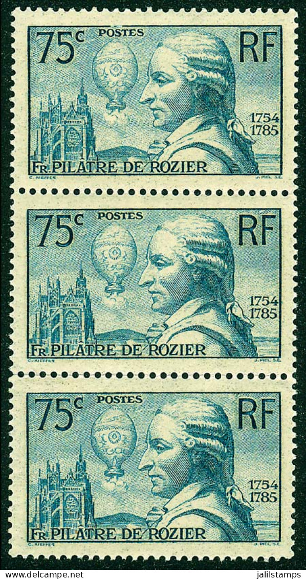 FRANCE: Sc.308, 1936 Rozier, Hot-air Balloon, MNH Strip Of 3, Excellent Quality. Catalog Value US$112.50, Superb! - Otros & Sin Clasificación